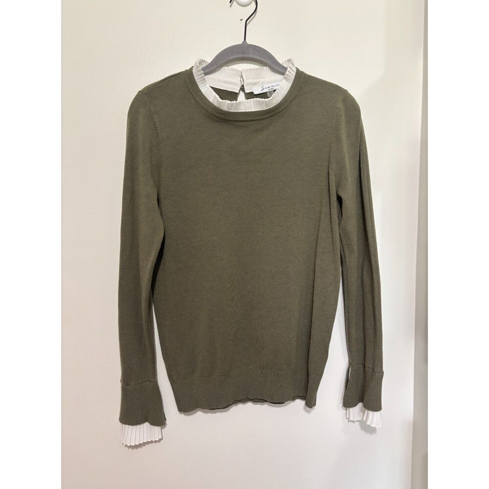 Sioni Milano Olive Sweater Pleated Collar Layered Knit Top M Academia Preppy‎